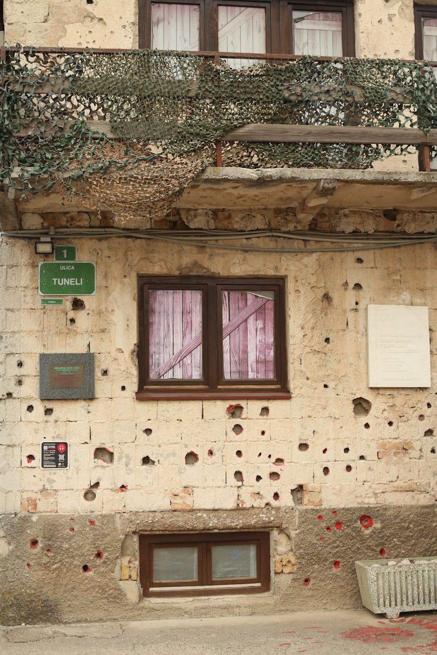 war torn building facade in sarajevo